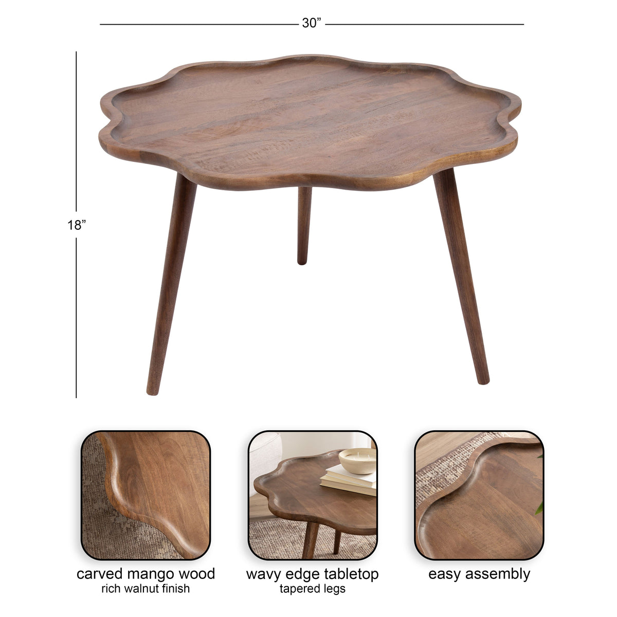 Wooden side table with dimensions and features on a white background